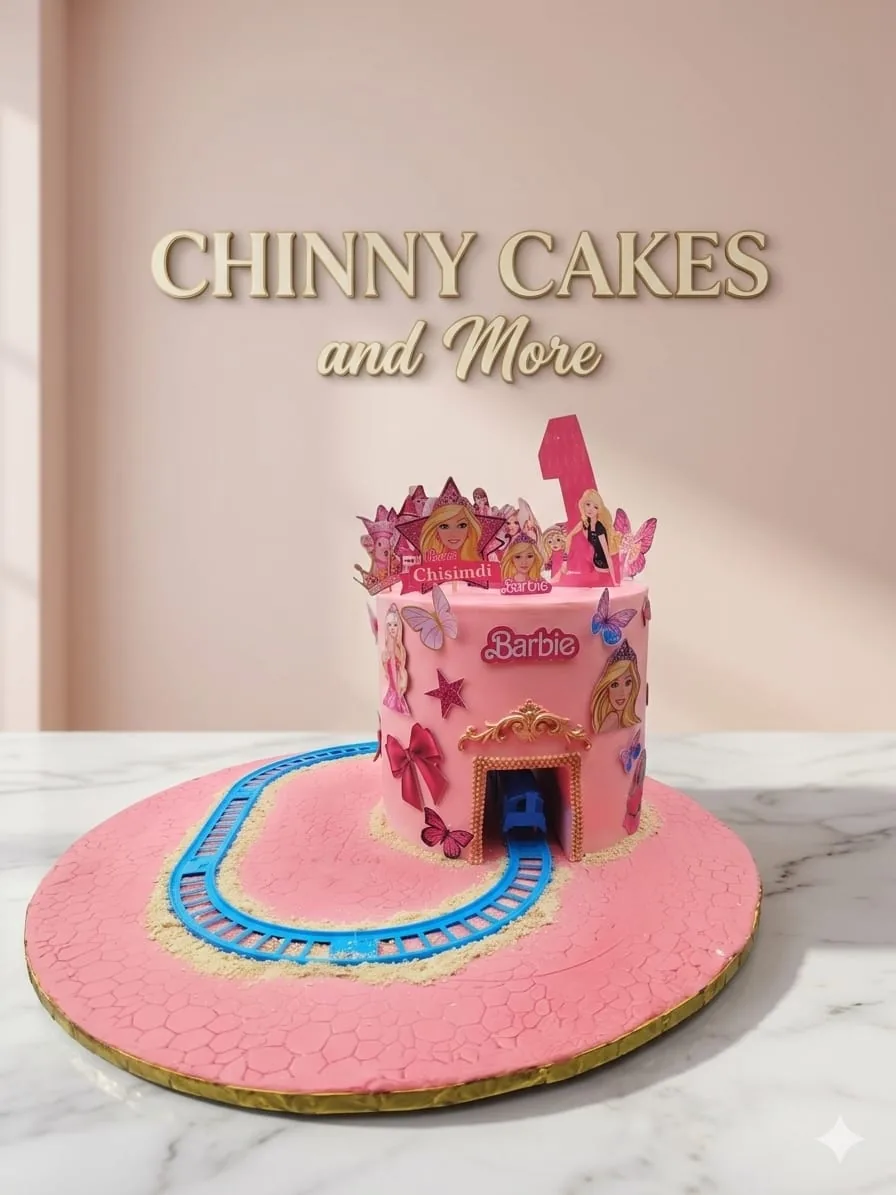 Pink themed children's birthday cake with character decorations and blue train-track detail