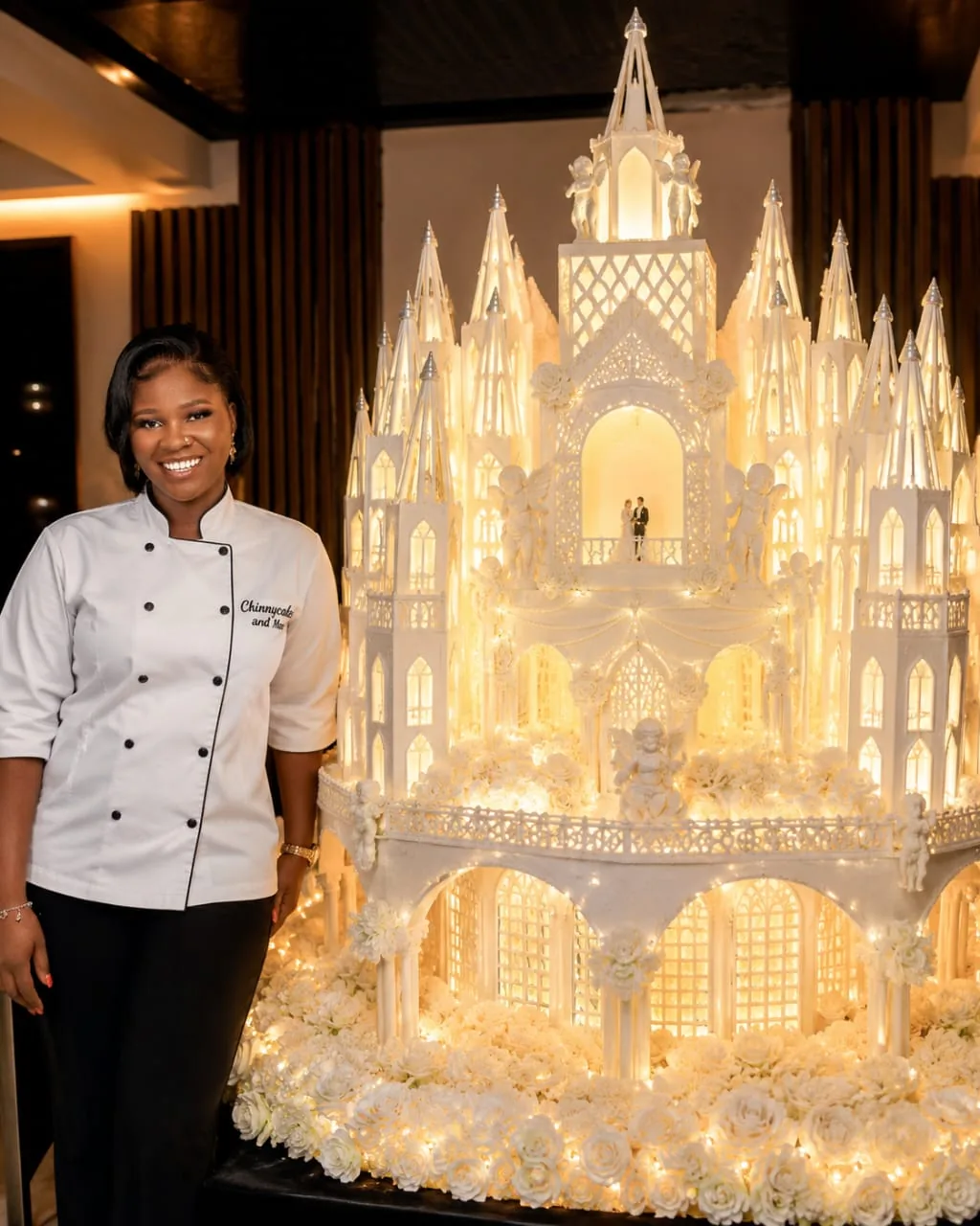 Chinny Cakes & More baker beside an elaborate wedding cake